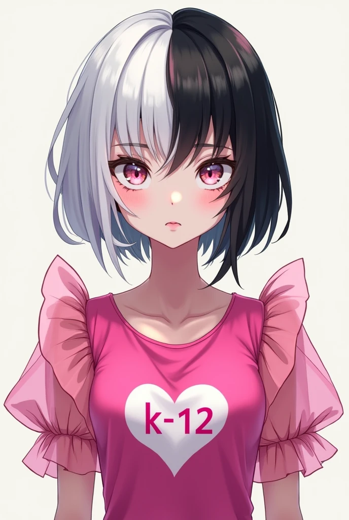 A Skin Man:Clear Eyes:brown Style:anime body:thin and tall Hair:split in half one side white and the other side black Clothes:a hot pink shirt with puff sleeves made of light pink tulle, a heart in the middle of the shirt with the writing "K- 12"