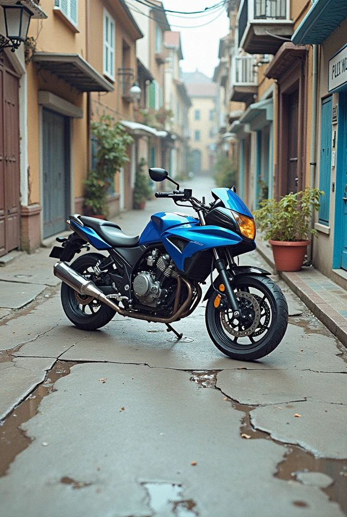 Mettre la moto de l'image en evidence dans une ville cyberpunk avec les neons des batiments bleu