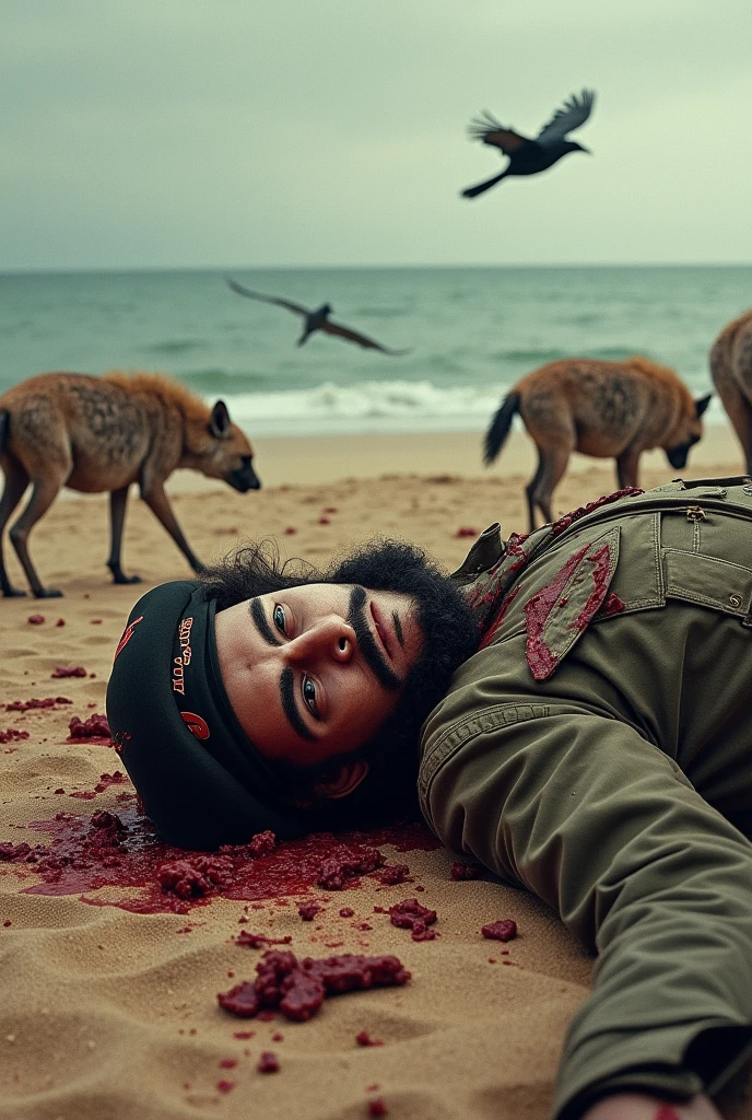 Che Guevara dead, with blood and some hyenas eat his ribs, In the distance crows flying and the sea