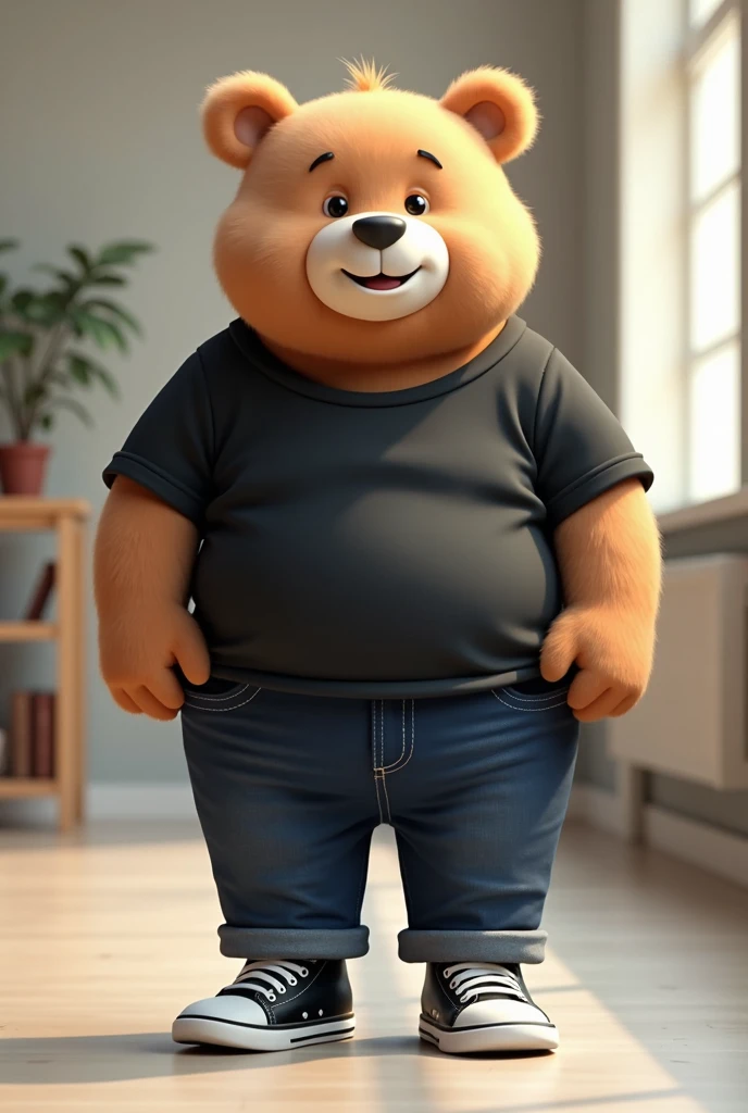 3d fat teddy bear cartoon dressed in black shirt and jeans black sneakers with white details middle aged nerd with friendly face 4k