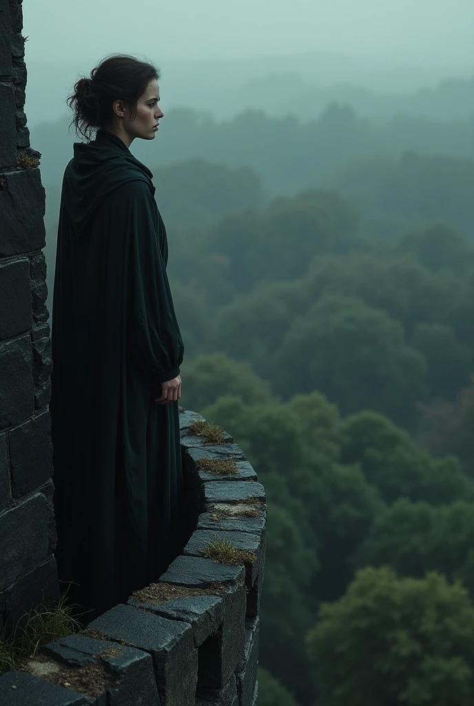 A woman looking from the tower of the black castle. The woman looks with concern and fear. At the foot of the fortress is the forest. The woman looks down. She feels like someone is watching her from the forest..