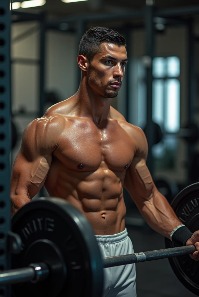 *Ronaldo au Gym*
    "Cristiano Ronaldo soulevant des poids à la salle de gym, montrant son entraînement intensif. Son corps est musclé, et il a une expression concentrée sur son visage. Mots clés : Cristiano Ronaldo, entraînement, musculation, gym, concentration.