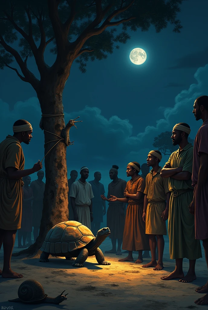 Very late at night, passerby still see tortoise been tied to a tree and all of.them must be seen murmuring, abusing snail for still.tying up his inlaw on that tree since morning  in an African setting.