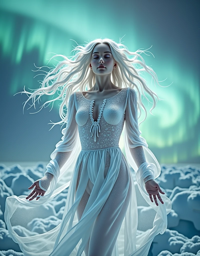 masterpiece,Distinguished Quality,Mirror-like,Cinematic Experience,insanely detailed,absurdres),8k,wallpaper,(Ray Tracing),1 female,,Beautiful Shii Women,(God the Lady of Light is floating in the air:2.0),(front:2.0),”(A body made up of white light particles:2.0)”,BREAK(White Hair:2.0),(White skin:2.0),Portrait of a goddess,(god々Shii:2.0),(fantasy digital art:2.0),(Upper body close-up:2.0),(super sexy:2.0),(Diffuse reflection of light:2.0),BREAK(The background is the beautiful Aurora:2.0),(Beautiful face,Detailed face,Beautiful skin texture:1.3,Beautiful Hair),(Detailed hands:2.0),(Beautiful hands:2.0)