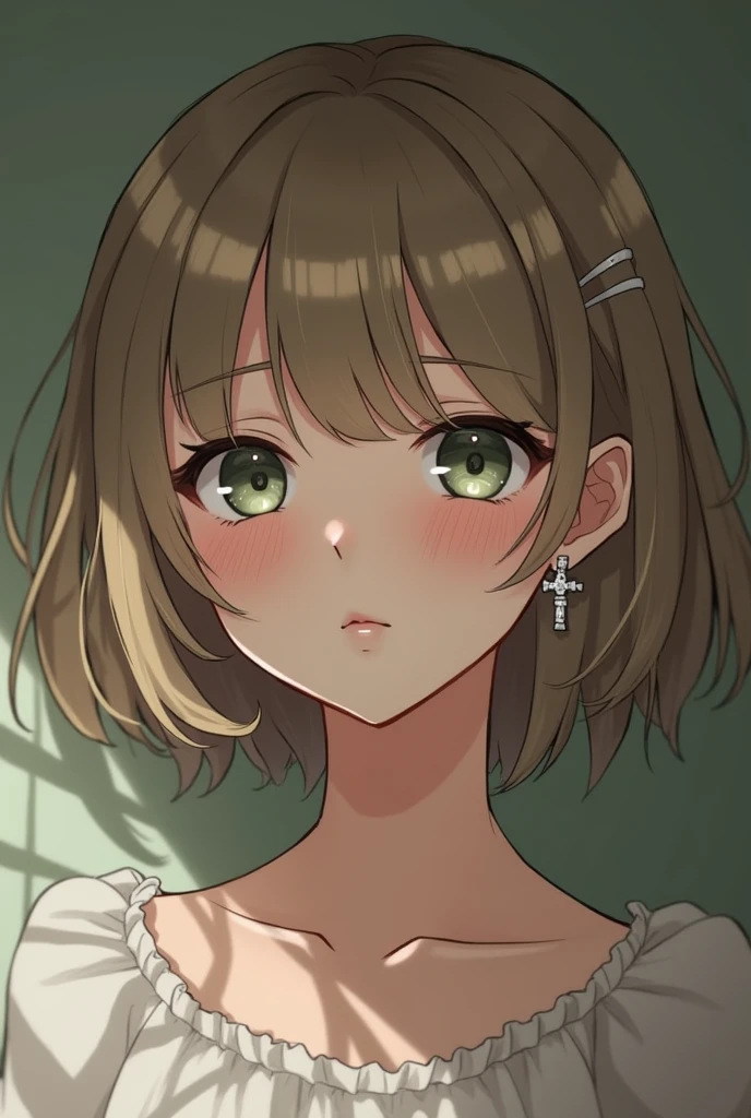 a girl with a bob haircut, green-gray eyes, the shape of the eyes is like a sad puppy, a small neat nose, bangs that are long to the nose, light brown-blond hair, pink lips, medium plump, 3 piercings on the right ear and a cross on 1 piercing, an earring