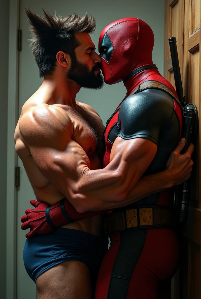 Wolverine y Deadpool en boxers besandose