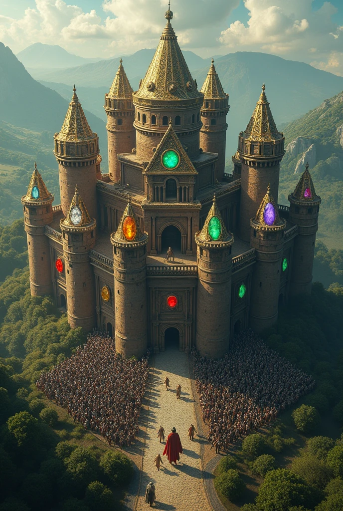Generate an invincible, rich, indestructible, unmatched, huge medieval-themed jewel kingdom, the view in the image is from above, you can see a large army outside the city organized into several battalions with thousands of men , these soldiers are in a field exactly organized, castle has several gems diamond ruby sapphire emerald topaz amethyst all types of imaginable jewelry, in each tower of the castle there is a giant diamond ruby emerald sapphire topaz, each jewel in each tower has its own emerald green color , Red ruby, white diamond, purple amethyst,, blue sapphire, na torre do meio tem um white diamond, na primeira torre da direita tem uma blue sapphire na segunda torre da direita tem um Red ruby na primeira torre da esquerda tem uma ametista na segunda torre da esquerda tem um topázio amarelo e na torre principal no centro do castelo tem uma esmeralda enorme verde bem brilhante