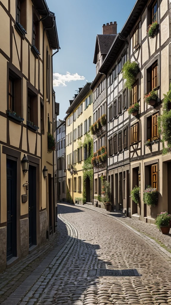 A quiz background depicting Einstein’s birthplace. The image shows a European street from the late 19th century, with cobblestone roads and old-style buildings typical of Germany. In the distance, a subtle outline of Einstein as a young boy can be seen, suggesting his origins. The atmosphere is nostalgic and historic, with muted colors like browns, grays, and deep blues
