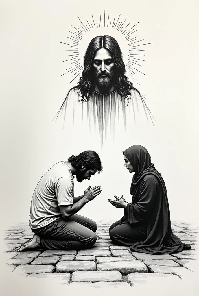 siren, Ink sketch, detailded,man and woman praying bending on their knees,above the floor,in the background a face of Jesus appears