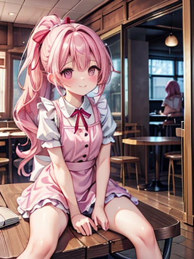 (from the front), Fisheye Lens, Beautiful 2, Curvy, Flat Chest, Small breasts，Underbust, (Kneeling on the round table), (On the table:1.5), (Leg spread), (A cup between her legs:1.3), (Classic puffy short sleeve ruffled blouse), (Pink mini skirt), (Pink Maid Apron), (Button-down shirt), (Neck Ribbon Button Gap)+ Thighs, High heels, (View your viewers:1.5), (Embarrassing:1.3), (Smile), (vapor:1.3), (Girl trembling with sexual climax:1.3), Mid-length hair, Pink Hair, High Ponytail, Wavy Hair, Glowing Skin, (coffee shop), window, morning, (crowd:1.3), (masterpiece, Highest quality, High resolution:1.3), Perfect Anatomy