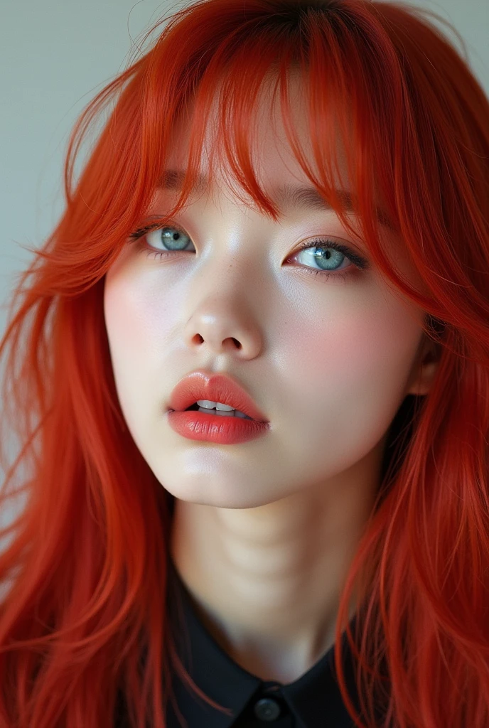 KOREAN,with big red hair,blue eyes and pink lips