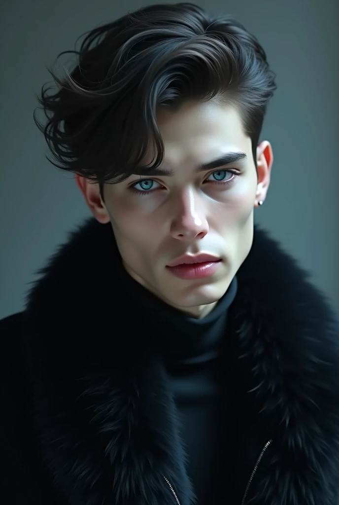 man, young, attractive, delgado, pale, black fur, blue eyes, oval face and straight nose