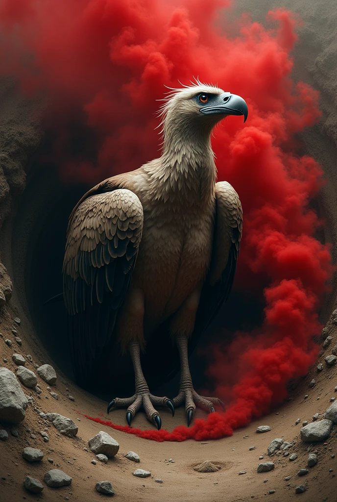 Vulture with Flamengo flag coming out of a dark burrow with red smoke
