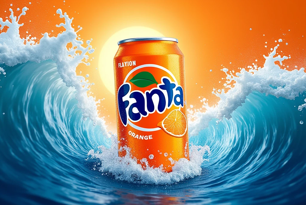 Make a poster of an orange-flavored Fanta can in a wave of water 