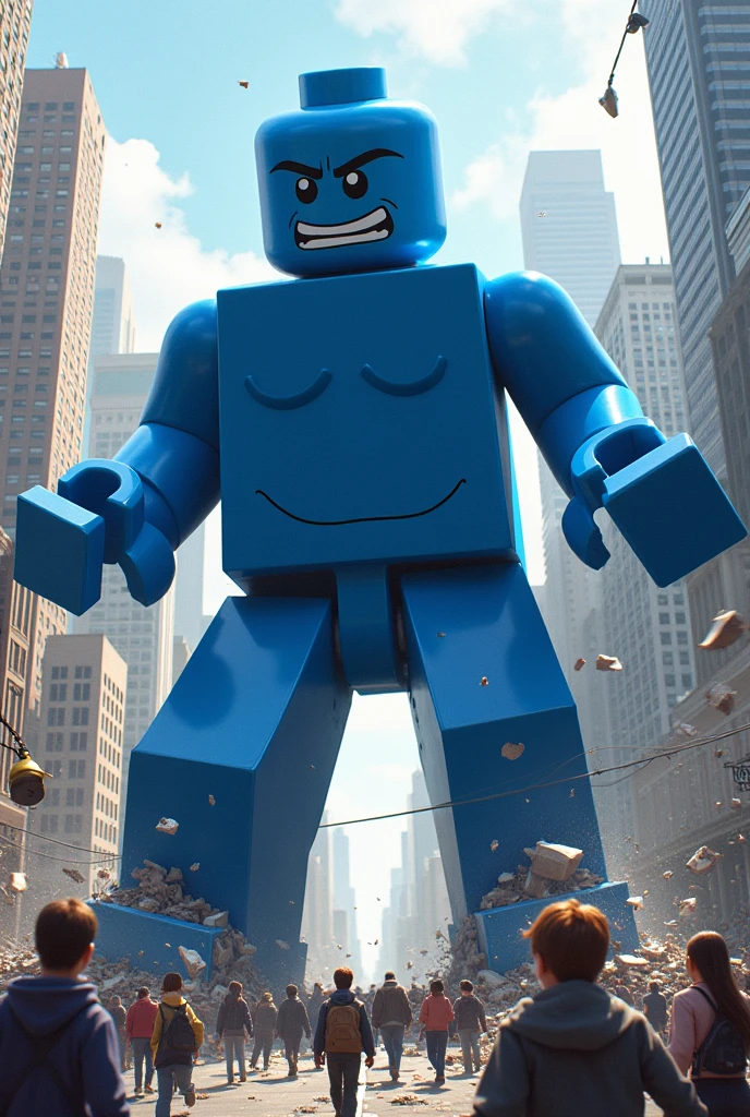 A person-sized blue lego block blowing up a city.