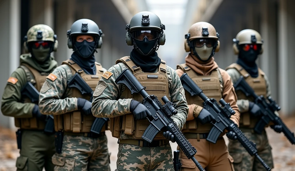 high quality photograph of a group of five airsoft players standing in a row at an abandoned, derelict location, possibly an old industrial site or a crumbling building. They are dressed in tactical gear that balances professionalism with practicality, adapted to the gritty, urban environment. Their camouflage varies slightly, with some wearing urban camo patterns while others opt for muted tones to blend in with the concrete and rubble. Lightweight tactical helmets and balaclavas, in shades of grey and brown, cover their faces for protection and anonymity. Each player is equipped with a sleek airsoft replica of the M4A1 LVOA-C, featuring mock suppressors and red dot sights. Despite the casual nature of the sport, their coordinated stances and well-chosen gear reflect a serious, professional approach to their game, underscoring their strong team spirit and dedication to the airsoft experience in this unique, decaying environment.