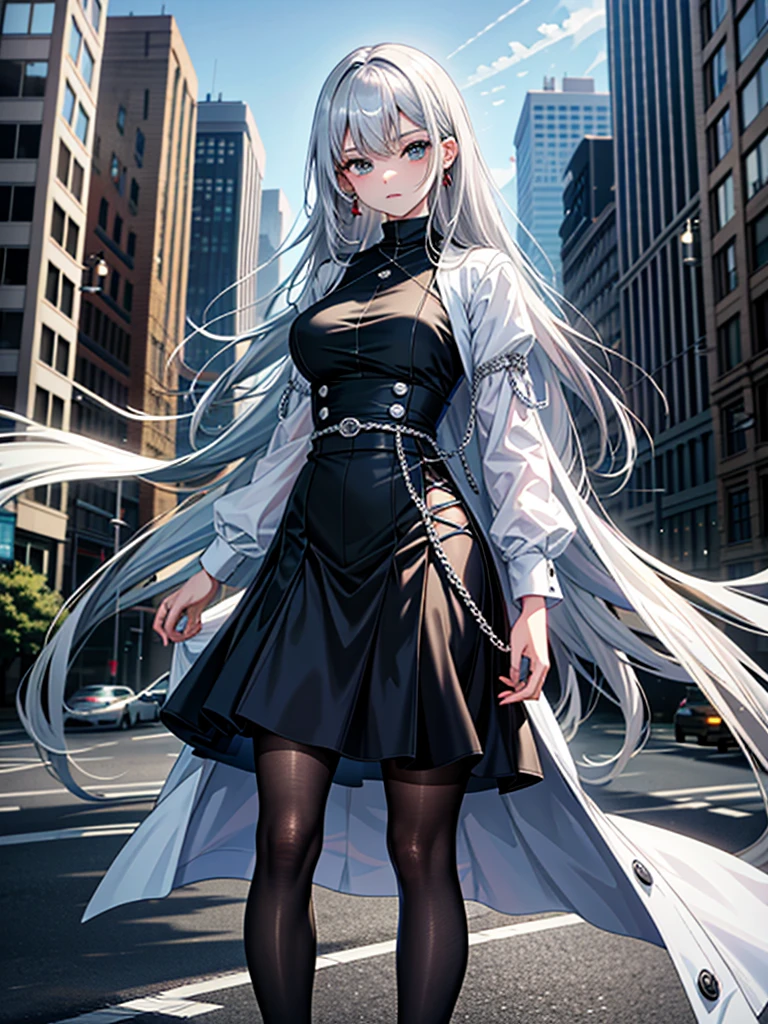 Masterpiece、High resolution、Detailed expression、Huge beauty、Silver Hair、18 meters tall、In a city building