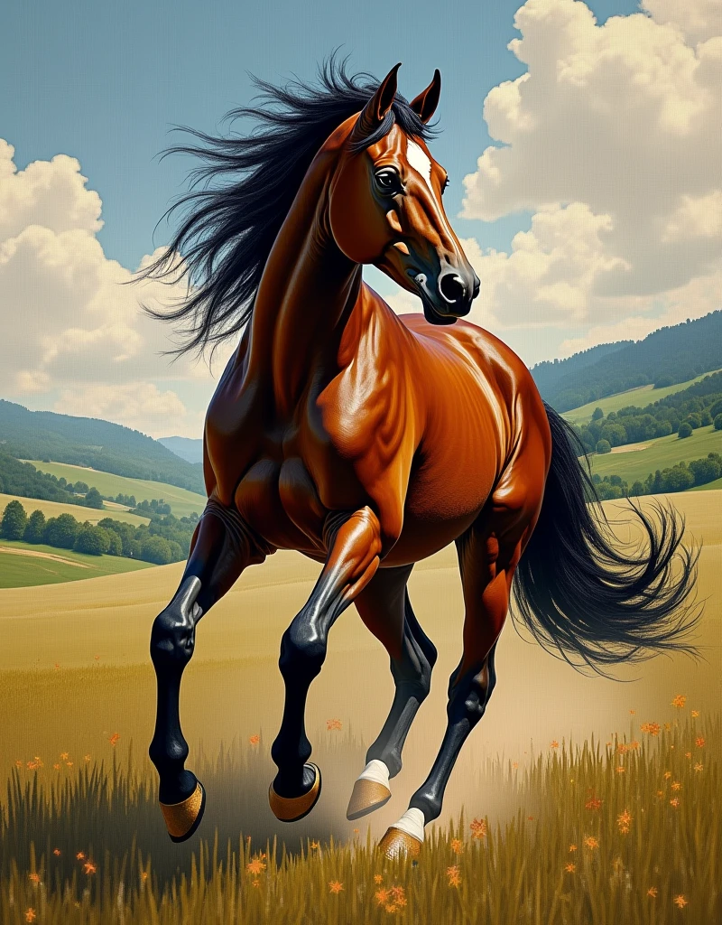Create random classic masterpieces of Picasso in Ultra-High Definition, 64k resolution oil painting without a frame, using full dimensions of the selected resolution to fit the artwork image, finely detailed to perfection, art-punk, French style, countryside background, art germ, high-octane. A portrait of a young untamed beautiful aggressive thoroughbred brown racehorse, an exact copy of the legendary Black Beauty film horse, an unreal engine, a master stroke of a legendary brush, a tribute to a legendary artist, super realistic, superhit,