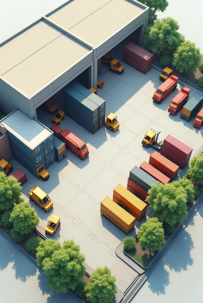 Open flow configuration with exterior space for container yard (at least 10).
Guardhouse and parking for employees Interior with a reverse logistics area, quarantine area, Head Office, two bathrooms, light manufacturing area, cafeteria area , Forklift area.