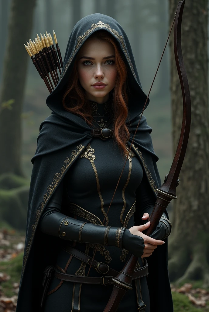 Draw a female half-elf with white skin, little elf ears, eyes black, chestnut hair, wearing a black cloak with gold details and a built-in hood holding a crossbow in his hands and a quiver on his back with a handful of arrows.