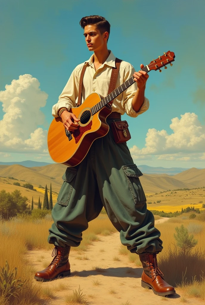 Renascentist art1.2), a young man, srand up,  standing with open legs, looklike Eddie Cochranpampa scenary background,wearing victorian shirt, arabic warrior pants, rockabilly 's short hair,  hanguung a semi- acoustic guitar 1950's model. Posing like Eddie Cochran. realistic, intricate details, warm colors, by Van Goh, by J.C. Leyndecker