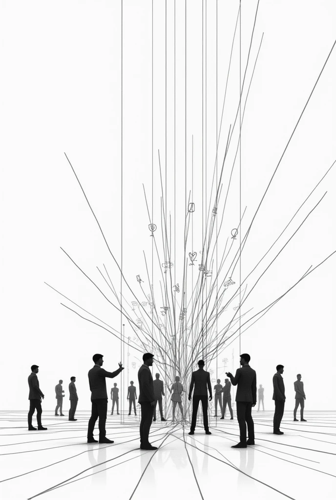 Make a black and white drawing about how social networks are a medium for everything, It should be a somewhat abstract drawing but easy to understand.