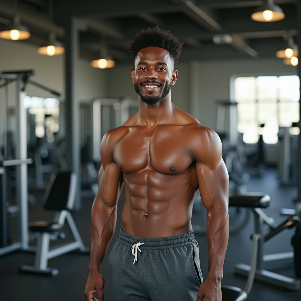 Young ebony man, slim with broad shoulders, casual clothes, no facial hair, all natural, at the gym