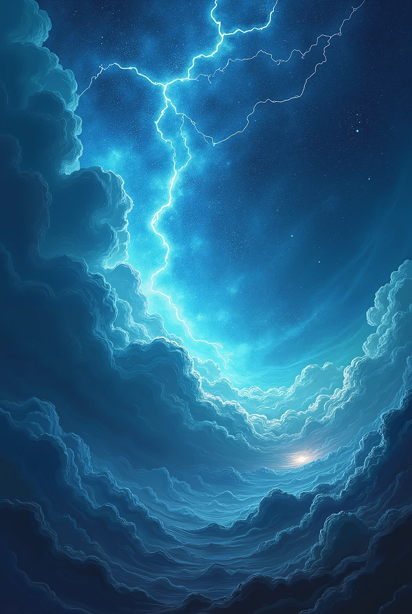 Space galaxy anomaly of thunders and lightning everywhere more cloud thunder and clouds and stars, cyan, light blue, Van Gough, space, galaxy