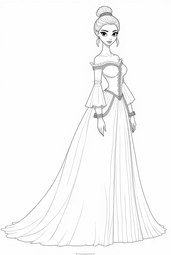 Lineart Pixar style female character drawings with Renaissance clothing from the front, side and back
