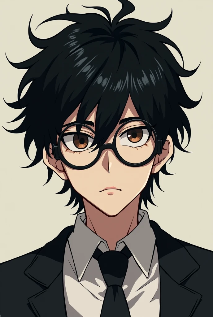 Anime guy , black hair , circle glasses, lazy eye messy hair , serious face , black eye