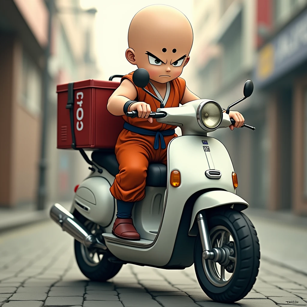 Dragon Ball&#39;s Kuririn with his 6 marks on his forehead, in fighting clothes on top of a white motorcycle with an ifood delivery man&#39;s backpack