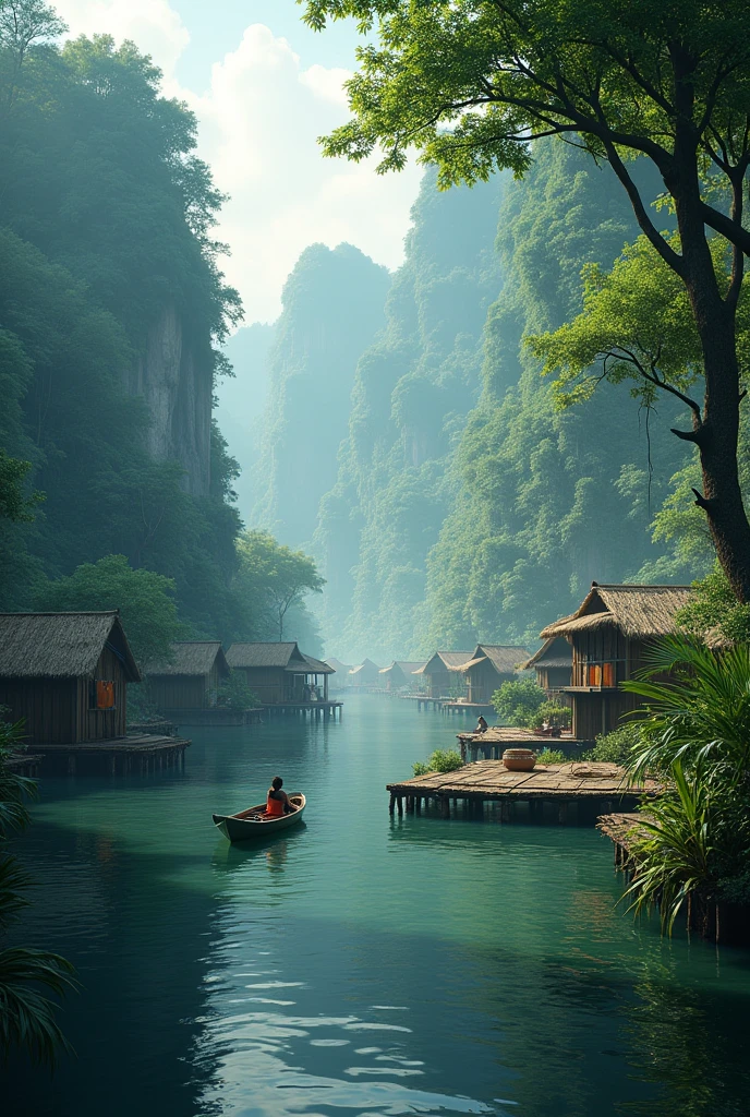 You are going down the river in a boat. Arriving in an area you see some raft houses on the side of the river. Raft house against the backdrop of a thick forest area.