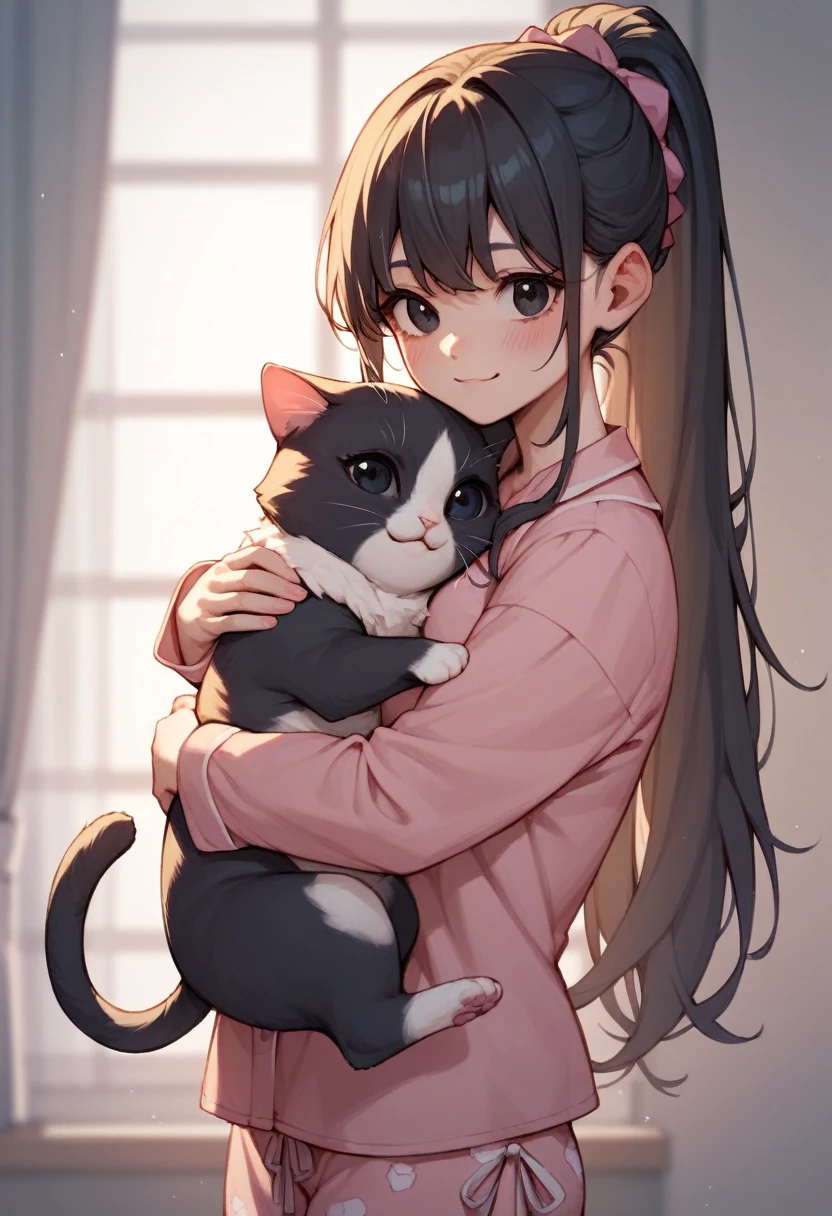 Anime girl hugging a animal cat with black long ponytail hair and black eyes and cute pajamas cat with background room