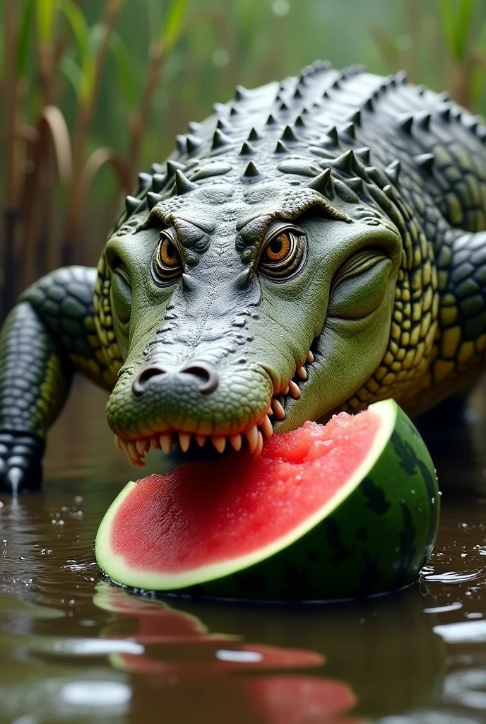 Alligator eating watermelon