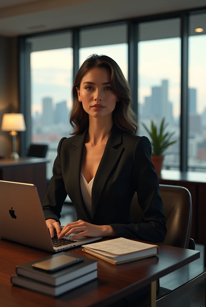 Woman is in her law office working, in a serious and sexy way.