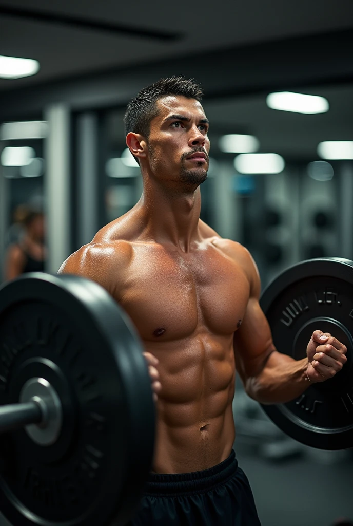 *Ronaldo au Gym*
"Cristiano Ronaldo soulevant des poids à la salle de gym, montrant son entraînement intensif. Son corps est musclé, et il a une expression concentrée sur son visage. Mots clés : Cristiano Ronaldo, entraînement, musculation, gym, concentration.
