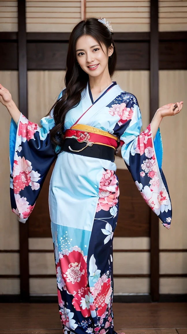 (SeaArt creates stunning illustrations of beautiful women in kimono)、Vividly colored Japanese Ukiyo-e style illustrations、A beautiful woman smiles and shows her upper white teeth、Brown-black long hair、Beautiful full body style、If you want to dance, let's dance, Tokyo Ondo, Yoi Yoi、Beautiful new digital paintings,、Bright vibrant digital anime art、 Beautiful anime portraits、background,Torii gate front of Japanese shrine、 Detailed digital anime art、