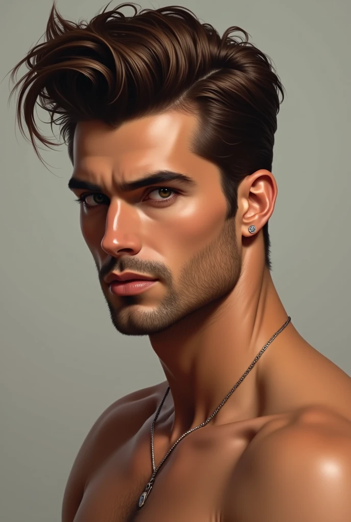 handsome man, brown hair, pompadour hairstyle, without any clothes showing his big penis