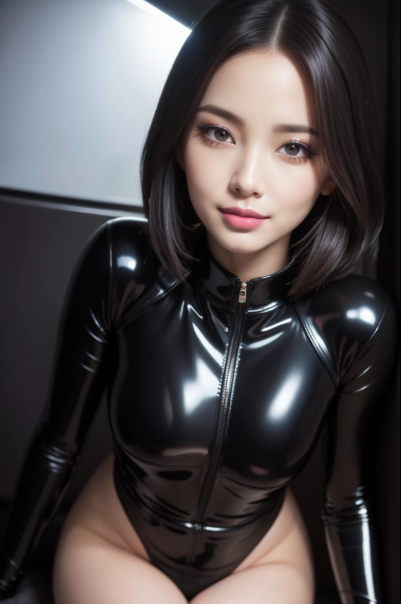 a beautiful detailed sexy stylish female idol,realistic glossy lipstick,extremely detailed smiling face,extremely detailed defined eyebrows,extremely detailed natural makeup,long eyelashes,full body,lesbian,wearing a sheer latex bodysuit,colorful hair,photorealistic,cinematic lighting,high quality,masterpiece,8k,ultra-detailed