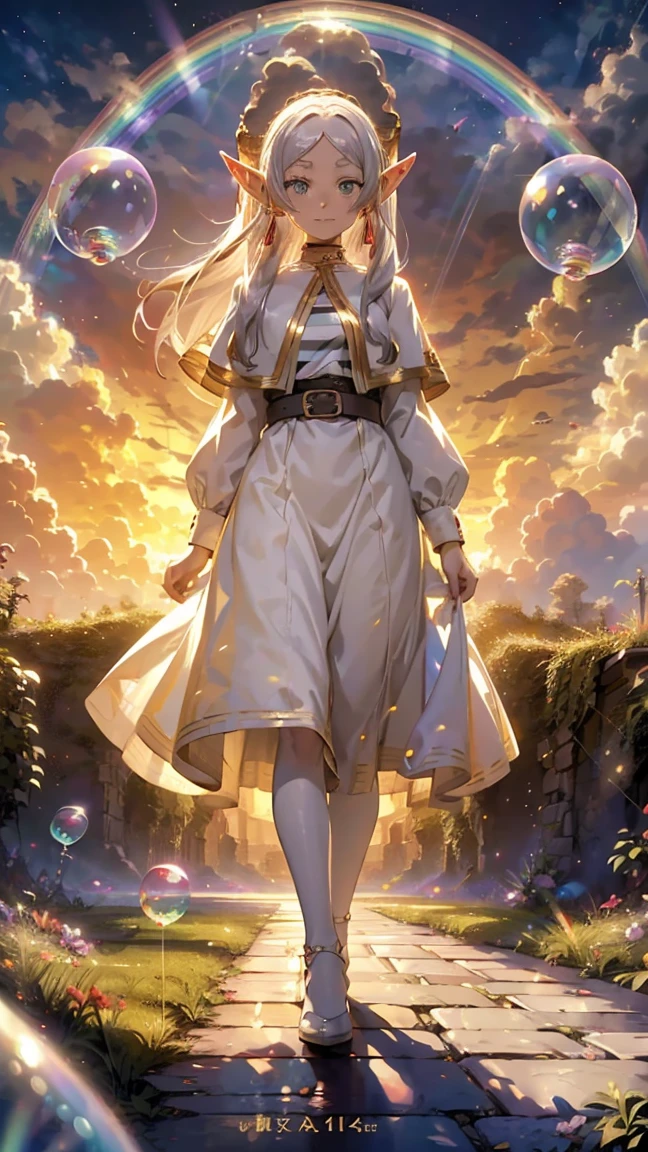 (((Fairy and elven women walking on a carpet of rainbow-colored soap bubbles, 1.3))), (16k, 8K, Raw, highest quality, masterpiece 1.2), Ultra HD, high resolution, high quality, best quality, bust-up image,(((full body image 1.3))),(((unreal space 1.3))), highest quality, ultra-high definition, incredibly absurd, highly detailed, 2.5D, beautiful goddess,(((pastel clouds 1.3))),, sunlight, pop art,(((delicate dynamic effect combining the taste of oil painting and watercolor 1.3))),(((rainbow fantasy 1.3))),-, Frielen, girl 1 Person, shiny silver long hair, long and pointy ears like an elf, twin tails, jewelry, elf, earrings, capelet, white capelet, long sleeves, black and white striped shirt, parted bangs, pure white dress, belt, flower , perfect anatomy, perfect proportions, nice lighting, bright colors, clean lines, information, blurred, stunning facial expression, restless emotions, gorgeous and cute, beautiful face and eyes in every detail, (masterpiece) beautiful face, young and handsome girl, really perfect skin, blurred, stunning facial expression, restless emotions, gorgeous and cute, beautiful face and eyes in every detail, (Audrey Hepburn), (cute), (J-POP idol), (thighs, (depth of field), (depth of field), soft light, shining lens gaze, (droopy eyes), straight teeth, shy smile, fluttering hair, a scene from Blake's movie,