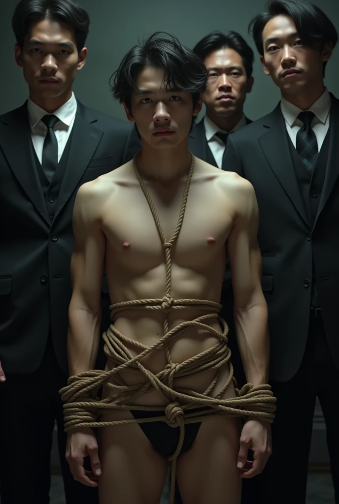 1boy、Handsome Men、Japanese male, 、Completely naked、Full nudity、erection、Huge penis、Slim body、Highest quality、Realistic、beautiful、Sad look、 ((((Completely tied up with rope)))), ((((A very tight rope is crisscrossed over the chest)))),(((Body bound with tight rope)))、whole body、surrounded by men in suits、night、Dim lighting、darkness