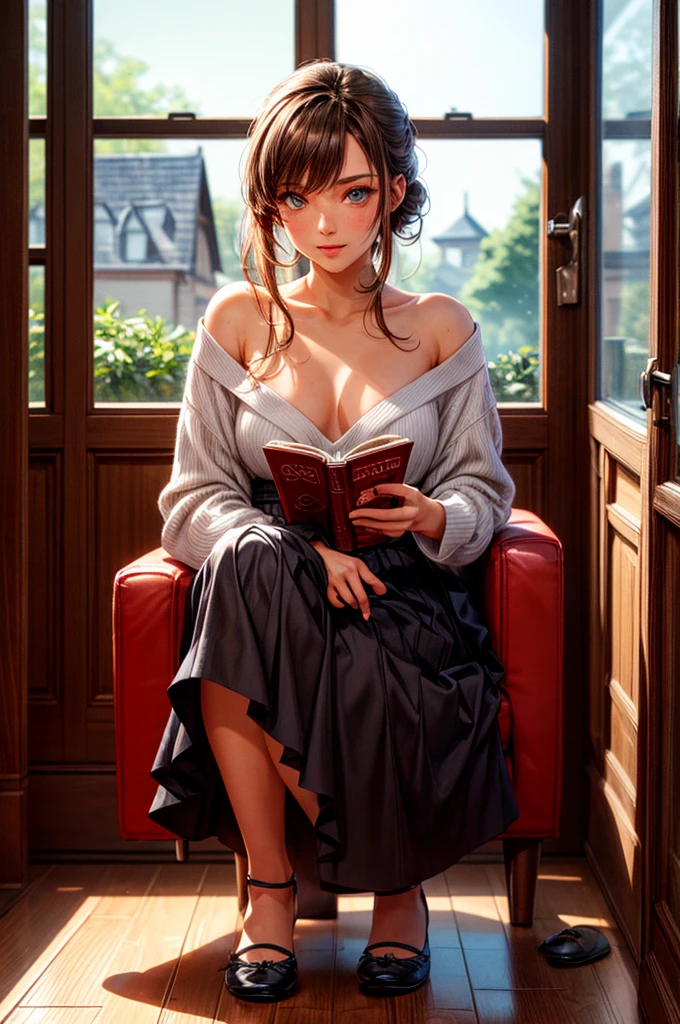 Woman, brown hair, blue eyes, full body, white shirt, black skirt, ballerina flat shoes, huge chest, sitting on wooden chair, table, tea cup, books, mansion, wooden floor, red carpet, window, open window, petals, butterfly, seductive, night, moon, stars, smile, happy, High detail, Cinematic scene, Highest image quality, (8K), Ultra-realistic, Best Quality, High quality, High Definition, high quality texture, high detailing, Beautiful detailed, fine detailed, extremely details CG, Detailed texture, realistic representation of face, masterpiece, presence, Dynamic, Bold