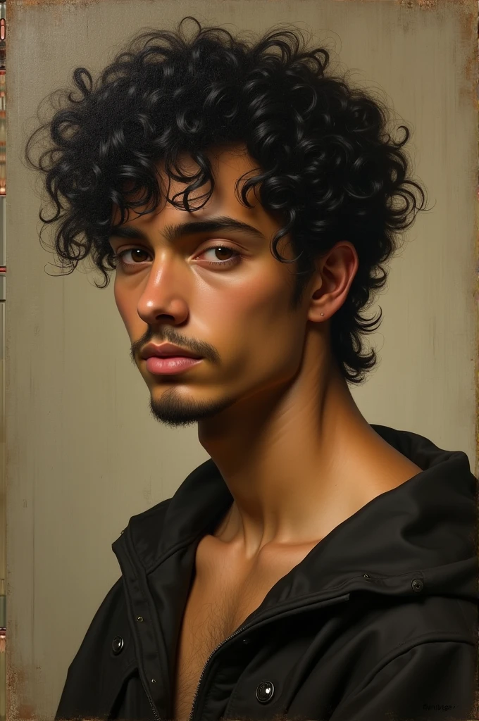 Make a Renaissance art of a young man, with curly black hair, he wears short mullet, barely visible. He's brown, with goatee and short mustache. He has a triangular face. It is accompanied by some fine dark circles. Make it really renaissance.