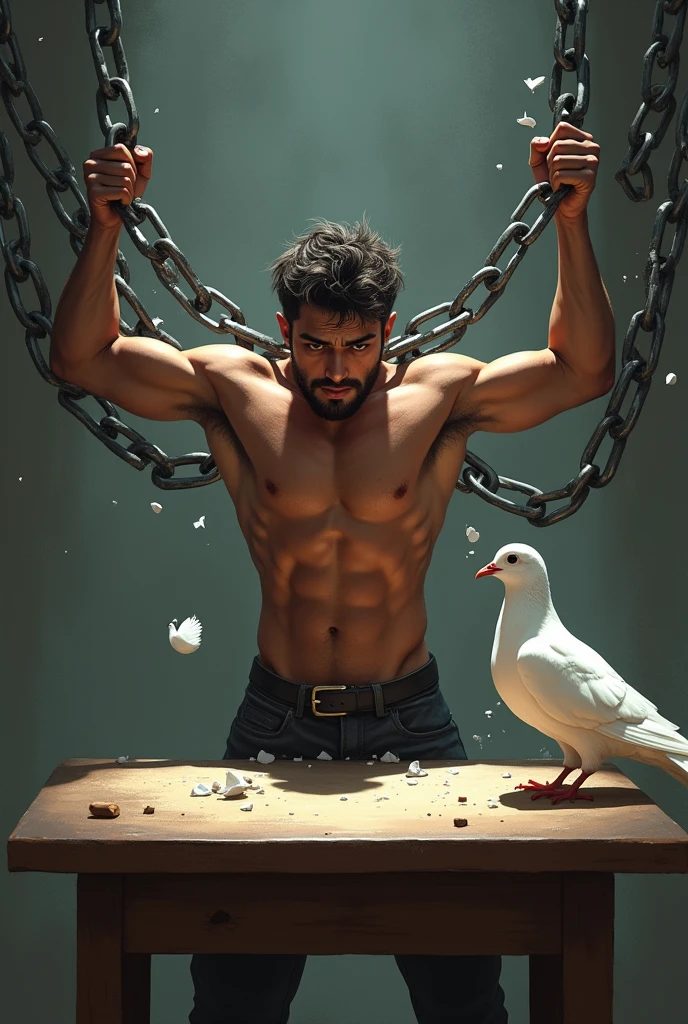 A 20-year-old boy breaking some chains while a white dove watches him from a table