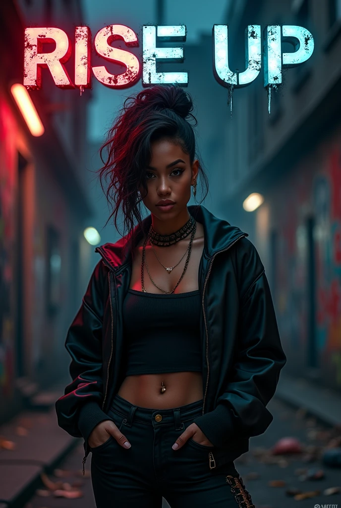 Cover art for a song titled 'Rise Up' in the Trap Hip Hop Drill genre. The focus is on a strong, fierce woman. She stands confidently, wearing urban streetwear with dark, edgy tones, in a gritty cityscape. The background is a night scene with graffiti-covered walls, glowing neon signs, and shadows to create an intense, powerful atmosphere. The woman should have a determined expression, symbolizing resilience and power, ready to rise up. The title 'Rise Up' is in bold, metallic letters at the top, with an aggressive, urban font style.