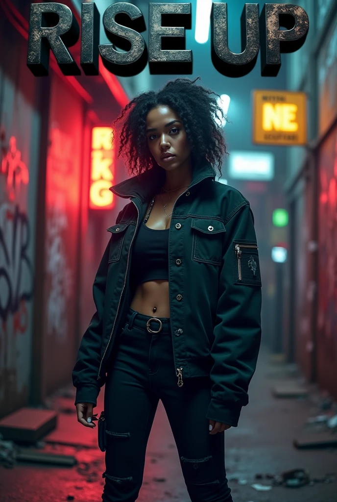 Cover art for a song titled 'Rise Up' in the Trap Hip Hop Drill genre. The focus is on a strong, fierce woman. She stands confidently, wearing urban streetwear with dark, edgy tones, in a gritty cityscape. The background is a night scene with graffiti-covered walls, glowing neon signs, and shadows to create an intense, powerful atmosphere. The woman should have a determined expression, symbolizing resilience and power, ready to rise up. The title 'Rise Up' is in bold, metallic letters at the top, with an aggressive, urban font style.