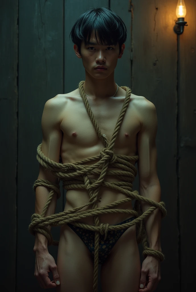 1boy、Handsome Men、Japanese male, 、Completely naked、Full nudity、erection、Huge penis、Slim body、Highest quality、Realistic、beautiful、Sad look、 ((((Completely tied up with rope)))), ((((A very tight rope is crisscrossed over the chest)))),(((Body bound with tight rope)))、whole body、Surrounded by old people、night、Dim lighting、darkness、Inside the movie theater