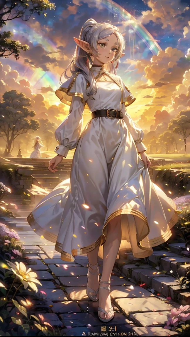(((Fairy and elven women walking on a carpet of rainbow-colored soap bubbles, 1.3))), (16k, 8K, Raw, highest quality, masterpiece 1.2), Ultra HD, high resolution, high quality, best quality, bust-up image,(((full body image 1.3))),(((unreal space 1.3))), highest quality, ultra-high definition, incredibly absurd, highly detailed, 2.5D, beautiful goddess,(((pastel clouds 1.3))),, sunlight, pop art,(((delicate dynamic effect combining the taste of oil painting and watercolor 1.3))),(((rainbow fantasy 1.3))),-, Frielen, girl 1 Person, shiny silver long hair, long and pointy ears like an elf, twin tails, jewelry, elf, earrings, capelet, white capelet, long sleeves, black and white striped shirt, parted bangs, pure white dress, belt, flower , perfect anatomy, perfect proportions, nice lighting, bright colors, clean lines, information, blurred, stunning facial expression, restless emotions, gorgeous and cute, beautiful face and eyes in every detail, (masterpiece) beautiful face, young and handsome girl, really perfect skin, blurred, stunning facial expression, restless emotions, gorgeous and cute, beautiful face and eyes in every detail, (Audrey Hepburn), (cute), (J-POP idol), (thighs, (depth of field), (depth of field), soft light, shining lens gaze, (droopy eyes), straight teeth, shy smile, fluttering hair, a scene from Blake's movie,