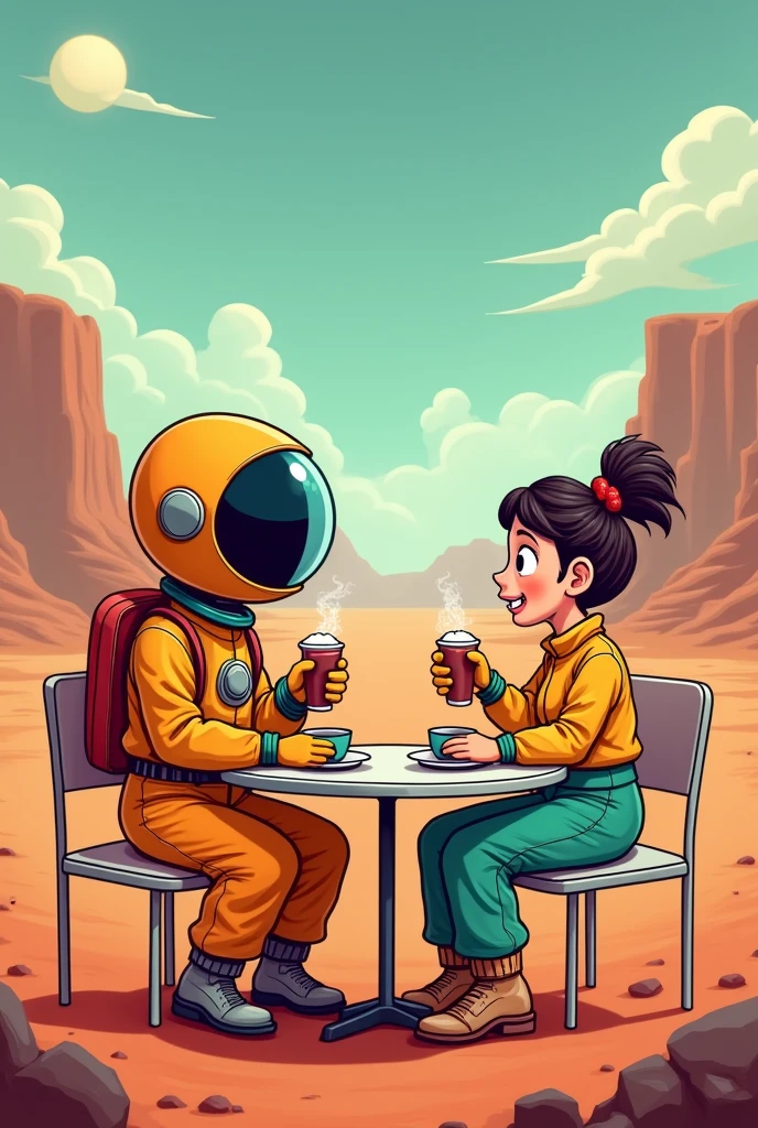 A spaceman and a woman drinking mate on a table on the planet Mars ( cartoon style )
