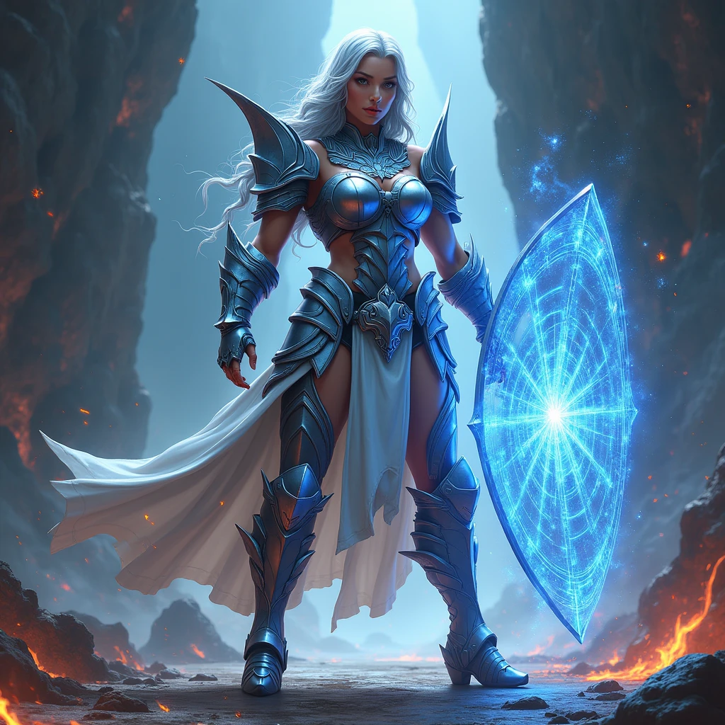 Generate a full body image of Thalindra Steelheart, an imposing guardian. Hyperrealistic art style in the style of the best Lord of the Rings cards. Thalindra is a strong-built woman with tanned skin and silver hair braided with metallic threads.. He wears armor made of metallic scales that glow with blue energy., adapting to your body as if it were alive. The background shows a cosmic forge with rising stars and nebulas as a backdrop.. Sparks and flashes of energy float around Thalindra, emphasizing the power of his armor. Crucial details to include: Facial expression of intense concentration, with eyes that reflect the energy of his armor. Every scale of the armor must be visible, with edges that emit a subtle blue glow. The silver braid should have a metallic look, intertwined with fine threads that look like circuits. defensive pose, with a partially visible energy shield forming in front of her. The ground beneath your feet must feel like molten metal., reflecting the cosmic environment. Use a color palette dominated by metallic blues, silver and flashes of cosmic energy to capture the essence of a guardian forged in the stars." The character has to come out in full body, make more details in the background. She has big semi-naked tits,. Holds the shield in a defensive manner.